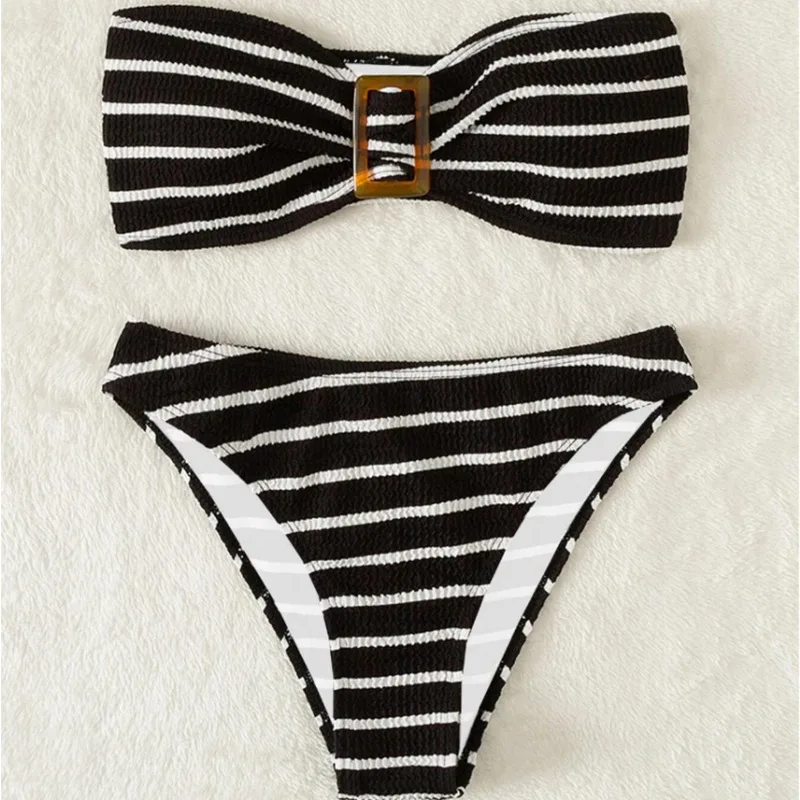 

Textured Two Pieces Bikini Bandeau Women 2023 New Strapless Swimsuit Female Stripe Swimwear Brazilian Biquini Beach Bathing Suit