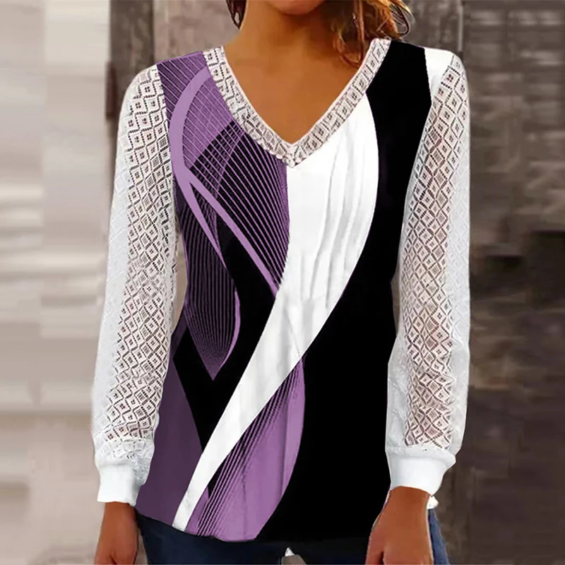 Blouse For Women 2023 Fashion Lace Patchwork Long Sleeve V-Neck Digital Stripe Printing Shirt Casual Elegant Office Blouse Femme 
Blouse For Women 2023 Fashion Lace Patchwork Long Sleeve V-Neck Digital Stripe Printing Shirt Casual Elegant Office Blouse Femme