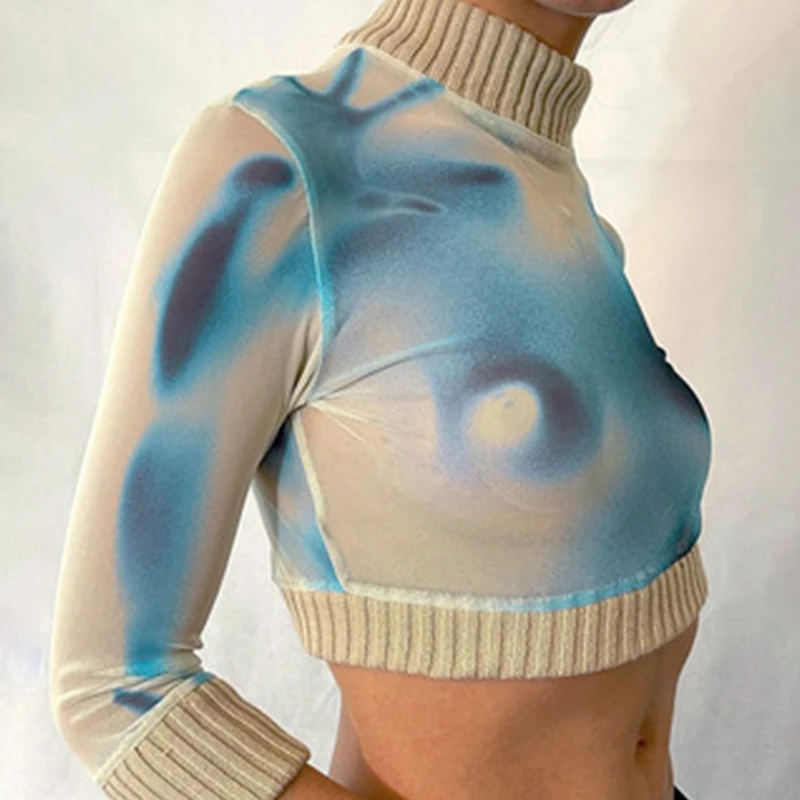 Elegant Woman Tops Bare Waist Long-sleeved Slim Sexy Tops Bodycon Blue Print Stitching Street Short Tops
Elegant Woman Tops Bare Waist Long-sleeved Slim Sexy Tops Bodycon Blue Print Stitching Street Short Tops