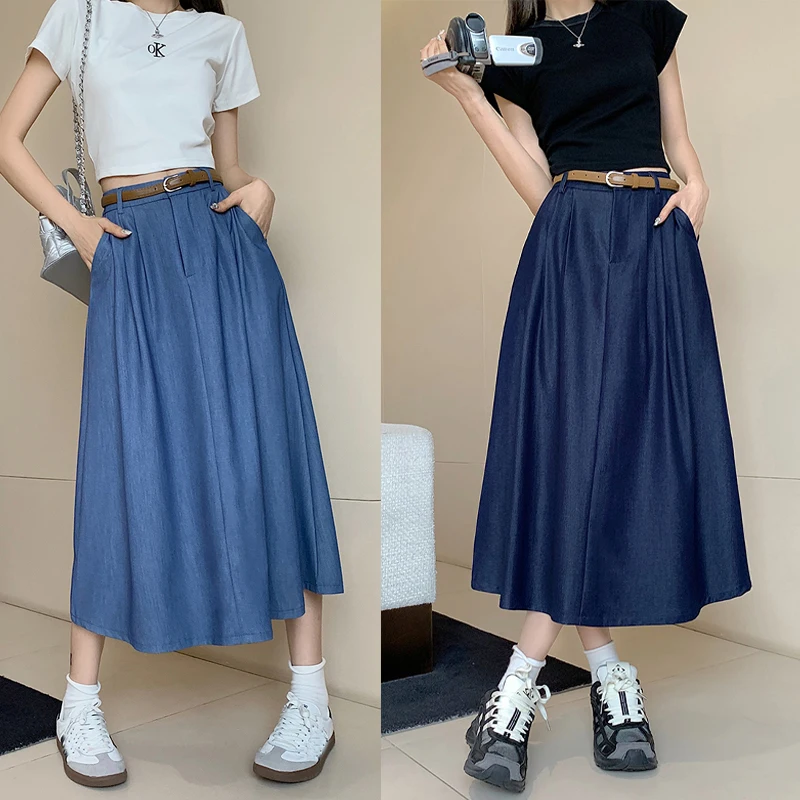 Thin Denim Skirt for Women 2023 Summer Korean Casual Solid All-match Pockets A Line High Waist Midi Long Skirt Female With Belt
Thin Denim Skirt for Women 2023 Summer Korean Casual Solid All-match Pockets A Line High Waist Midi Long Skirt Female With Belt