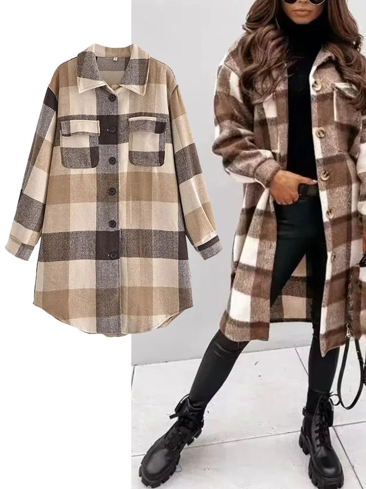 TRAF 2022 Woman Woolen Lattice Long Coat Fashion Single Breasted With Pocket Coat Female Outerwear Chic Tops 
TRAF 2022 Woman Woolen Lattice Long Coat Fashion Single Breasted With Pocket Coat Female Outerwear Chic Tops