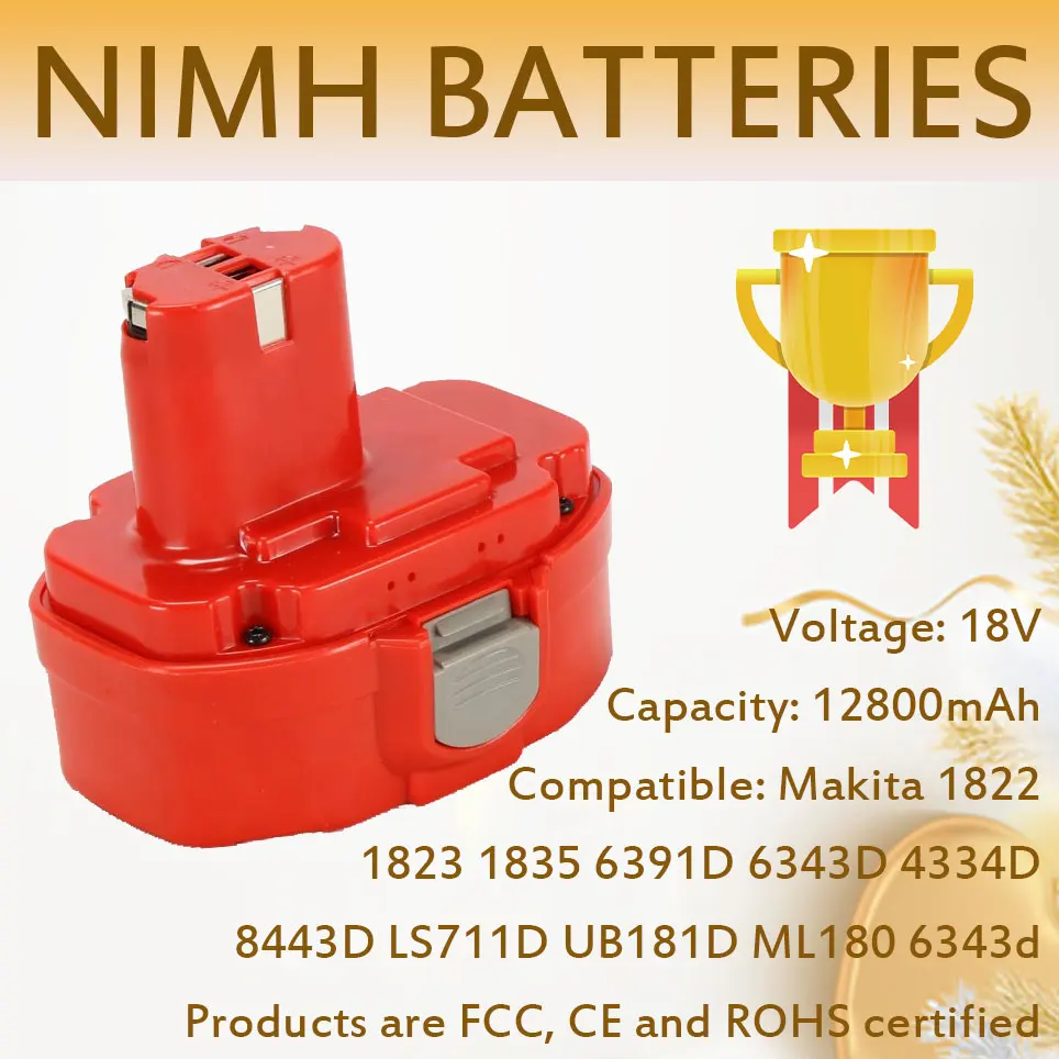 18 V 12800mAh Ni-MH high capacity replacement battery for makita 1822 1823 1834 1835 192827 – 3 192829 – 9 193159 – 1 193140 – 2
18 V 12800mAh Ni-MH high capacity replacement battery for makita 1822 1823 1834 1835 192827 – 3 192829 – 9 193159 – 1 193140 – 2