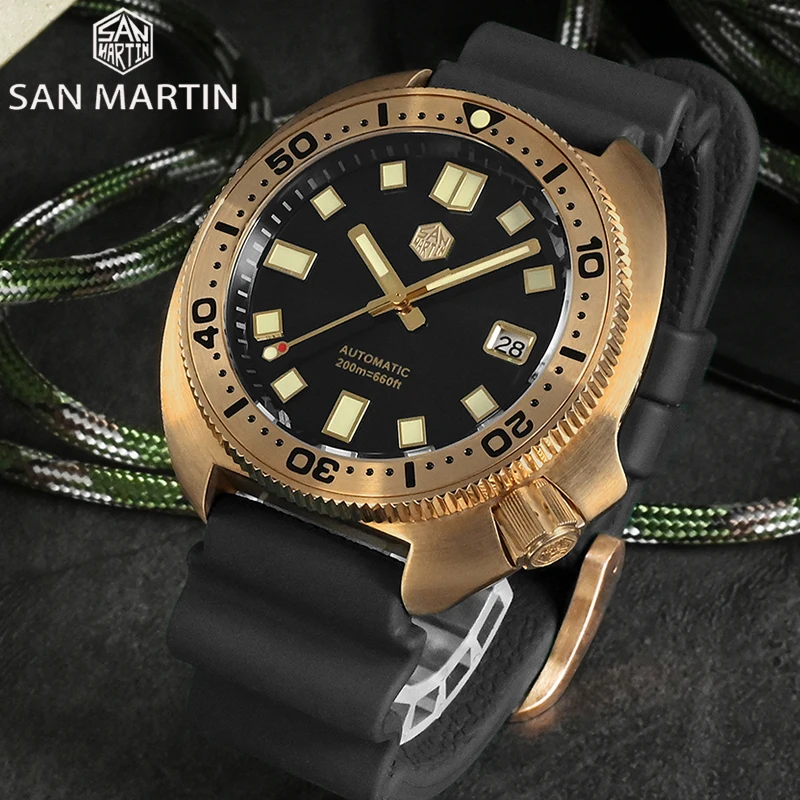 

San Martin New V4 Abalone Turtle Solid Bronze 44mm Vintage Dive Men Watch 20Bar Waterproof NH35A Automatic Mechanical Wristwatch
