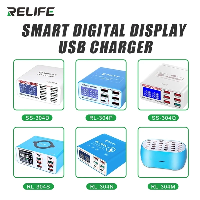 

RELIFE RL-304P/304R SS-304D/304Q Smart 6 Port USB Digital Display Lightning Charger For IPhone Samsung Huawei MI Vivo Opop Flat