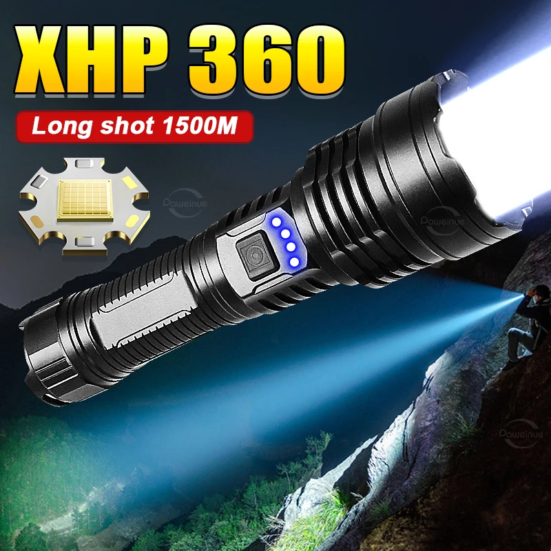 

XHP360 Powerful LED Flashlights High Brightness Camping Lantern Strong Lights Outdoor Torch USB Rechargeable Emergency LED Lamp