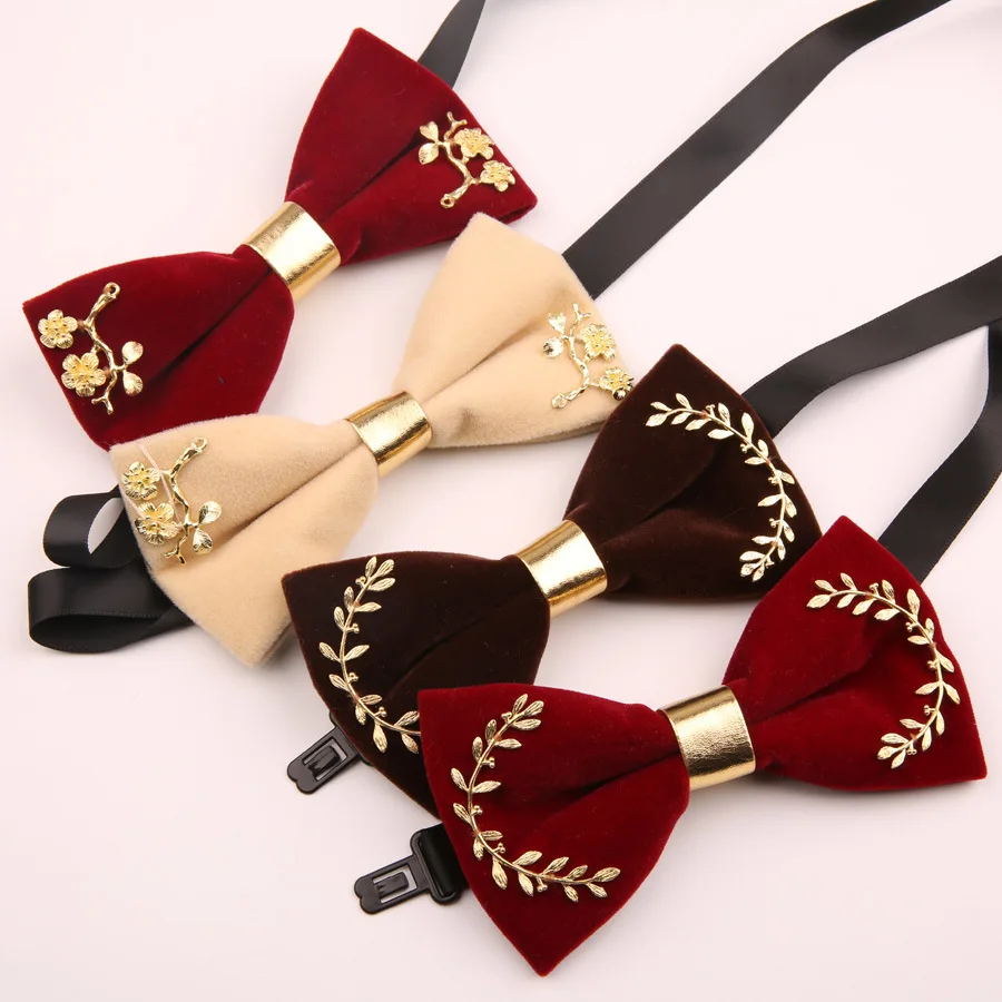 

6*12CM British Style Wine White Solid Polyester Inlaid Metal Bowtie for Man Groom Business Wedding Casual Necktie Accessory Gift