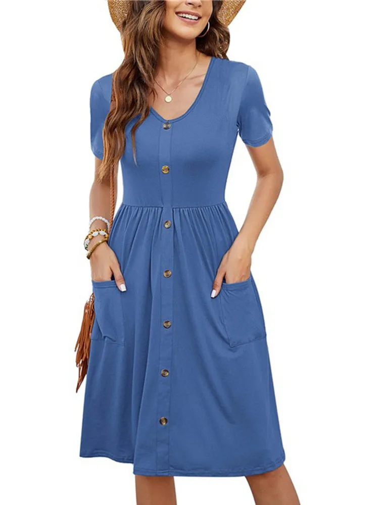 Платье женское Плиссированное с коротким рукавом, простой винтажный базовый сарафан на пуговицах, с V-образным вырезом и карманами, уличная одежда, голубое черное белое, на лето
Платье женское Плиссированное с коротким рукавом, простой винтажный базовый сарафан на пуговицах, с V-образным вырезом и карманами, уличная одежда, голубое черное белое, на лето