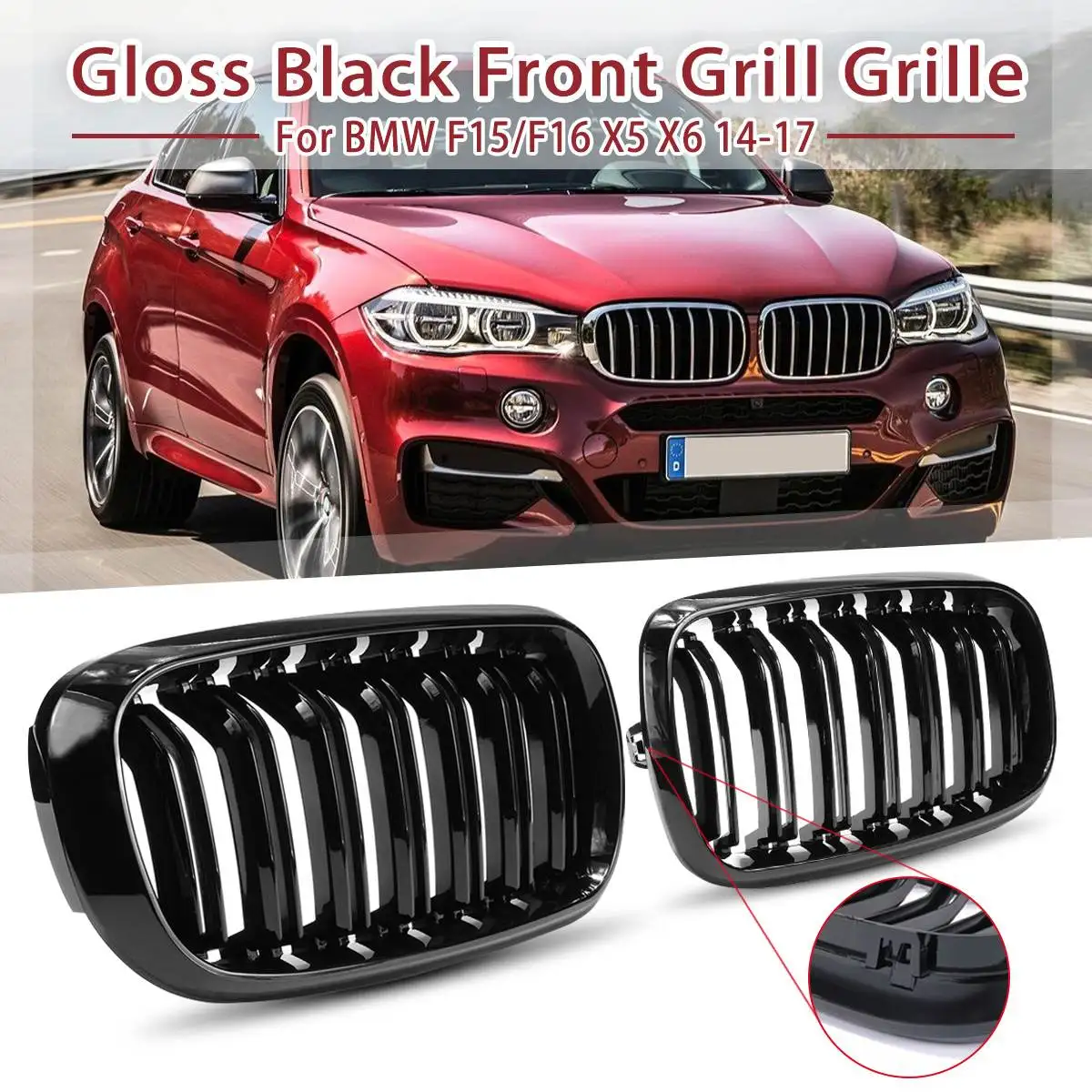 

1 Pair Car Gloss Black Front Bumper 2 Slat Kidney Grilles For BMW F15 F16 X5 X6 2014 2015 2016 2017 51712334708 51712334710