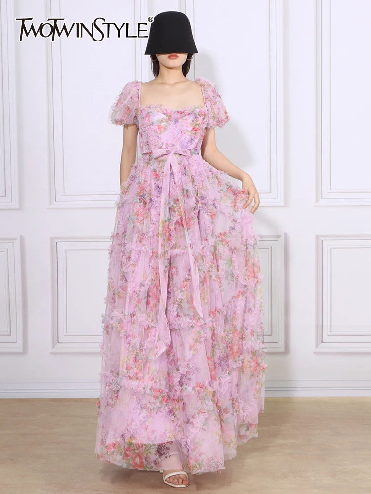 Женское платье TWOTWINSTYLE, разноцветное лоскутное платье на шнуровке с рукавами-фонариками, квадратным воротником и высокой талией