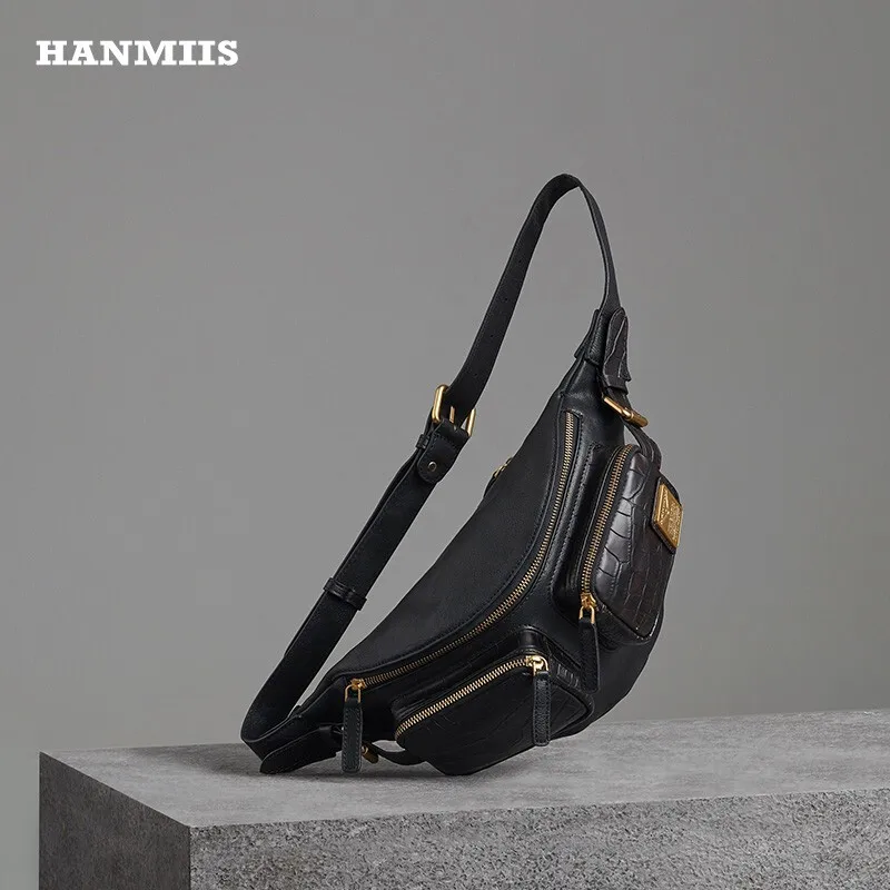 

Hanmiis Crocodile Pattern Chest Bag B6 Military Style First Layer Cowhide Bag Vintage Genuine Leather Men's Shoulder Messenger B