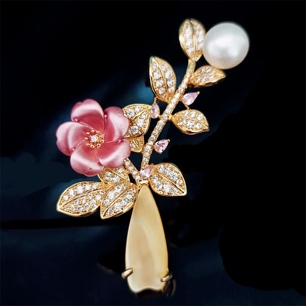

National Style Elegant Rose Brooches High-end Natural Shell Vase Brooch Women's Micro Inlaid Zircon Freshwater Pearl Flower Pins