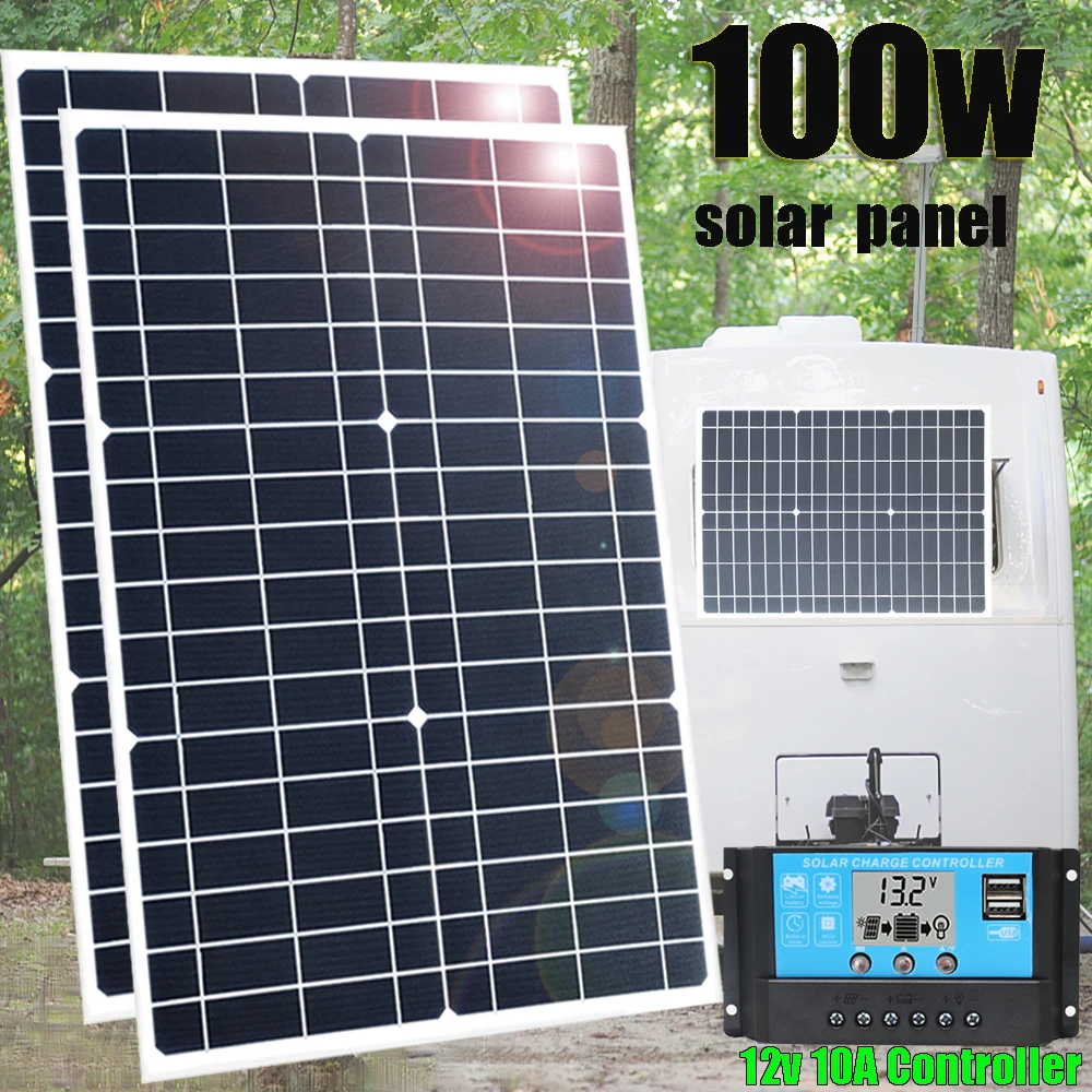 

solar panel kit 12v 100w portable battery charger system 5v usb for smartphone powerbank light RV car waterproof camping hiking