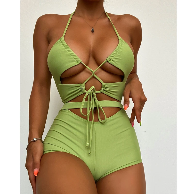 

Women's Swimsuits Sexy Halter Criss Cross Tie Front Bikini Tops with Shorts Two Piece Bathing Suits Swimwear