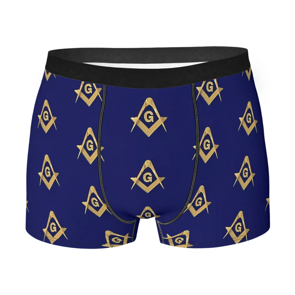 

Gold Blue Square & Compass Masonic Man's Boxer Briefs Freemason Breathable Creative Underwear High Quality Print Shorts Gift