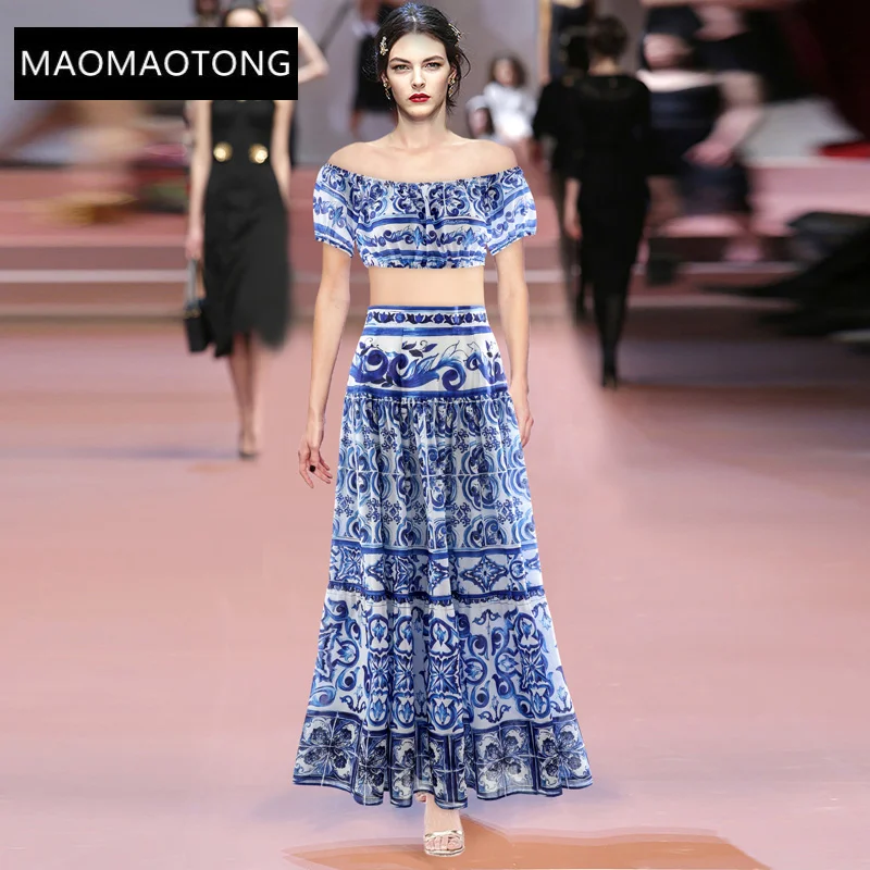 Fashion Designer Summer Vacation Two Pieces Set Women's Blue and White Porcelain Print Short Top + Skirts Suit
Fashion Designer Summer Vacation Two Pieces Set Women's Blue and White Porcelain Print Short Top + Skirts Suit