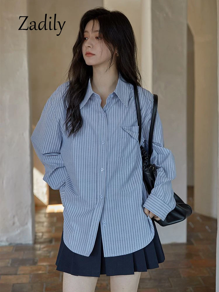 

Zadily Office Lady Long Sleeve Striped Women Basic Shirt Korea Style Pocket Button Up Woman Tunic Blouse 2023 Spring New Tops