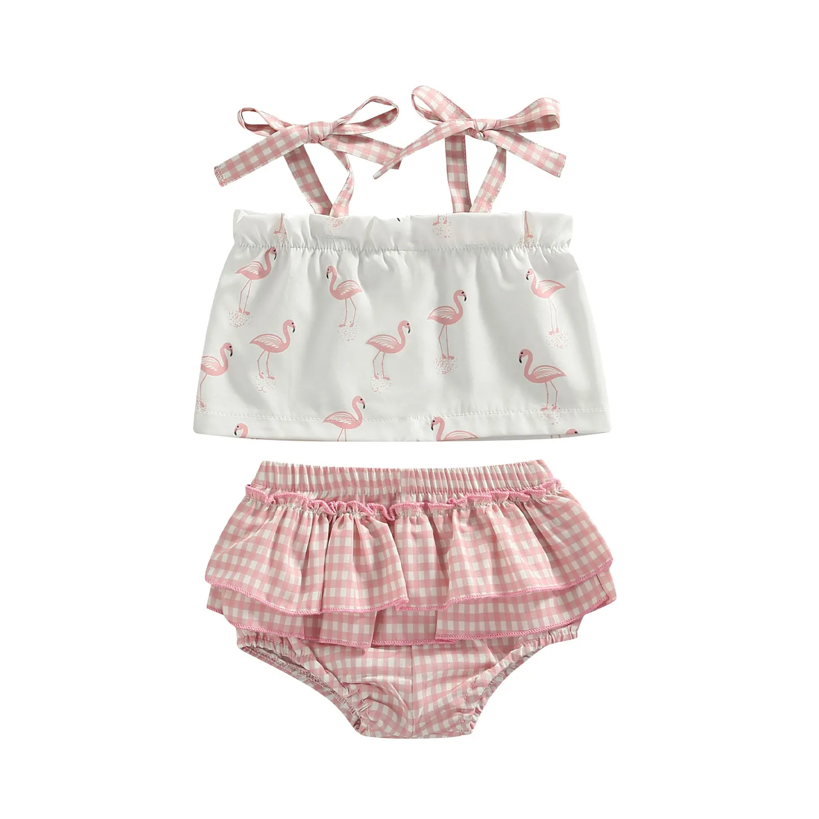 

Infants Girl 2 Pcs Outfits Suit Sleeveless Flamingo Print Tie-up Suspender Tops + Ruffle Layered Plaid Shorts