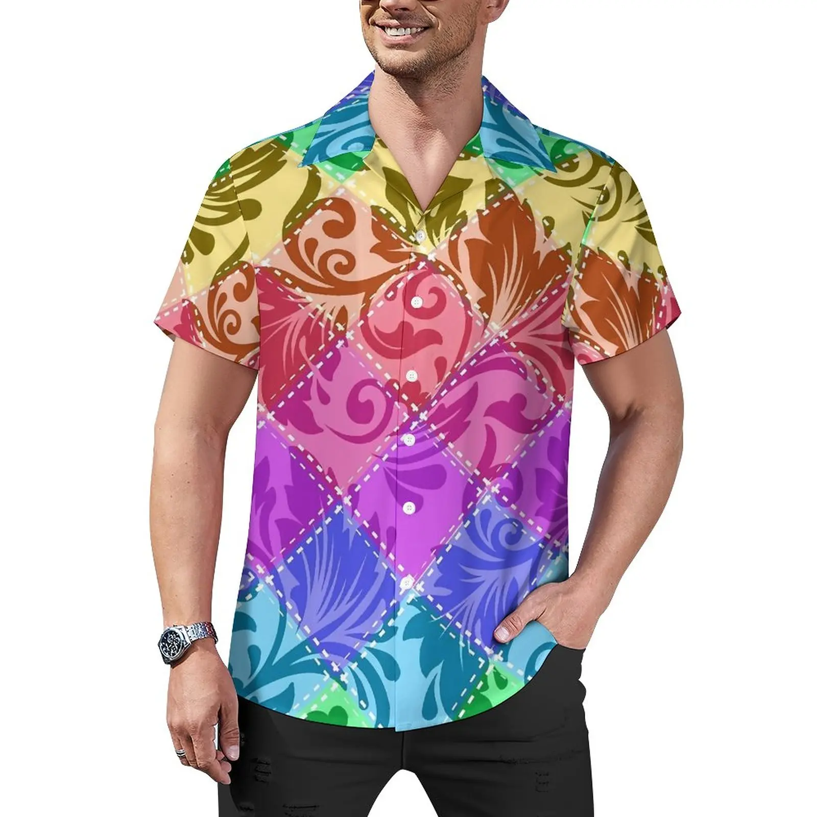 

Разноцветная Лоскутная рубашка с принтом для отдыха, ретро летние повседневные рубашки, мужские уличные Блузы с коротким рукавом, дизайнерские топы размера плюс 4XL