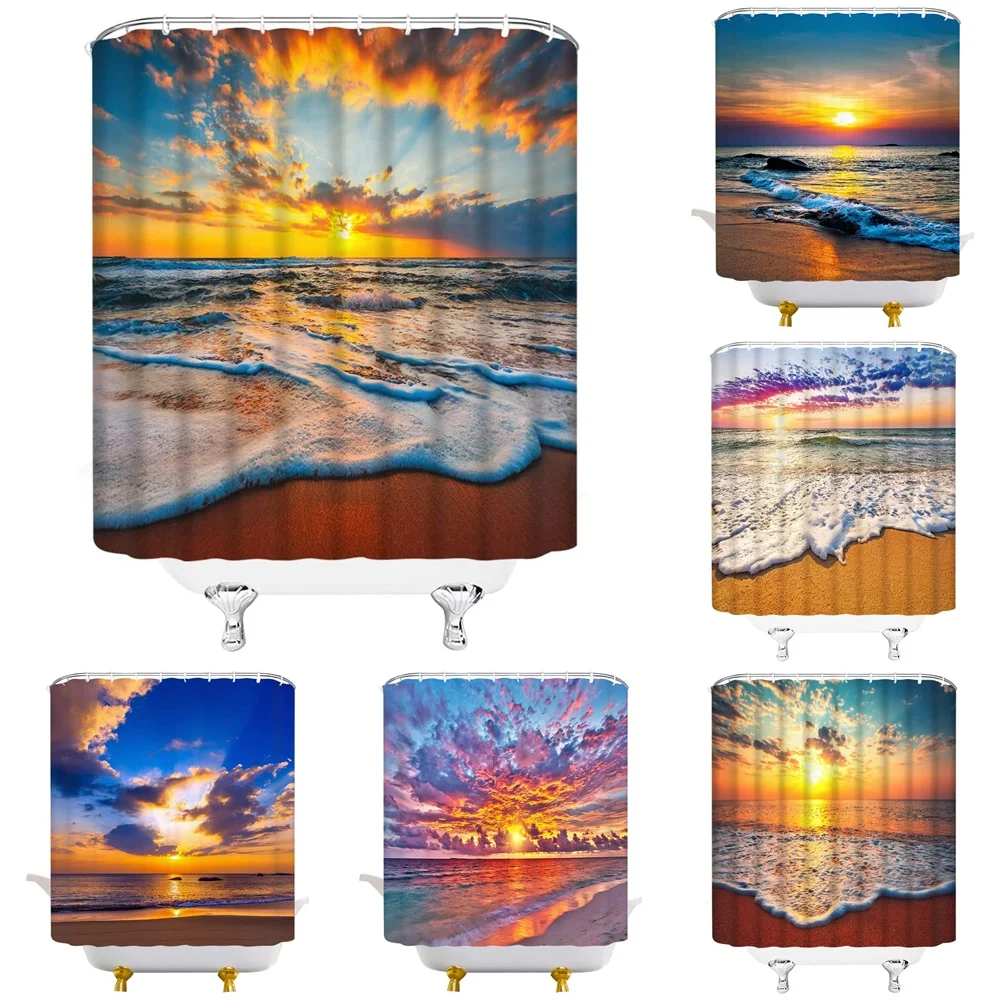 

Beach Scenery Shower Curtain Sunset Ocean Waves Orange Blue Sky Coastal Sunshine Tropical Landscape Bath Curtains Bathroom Decor