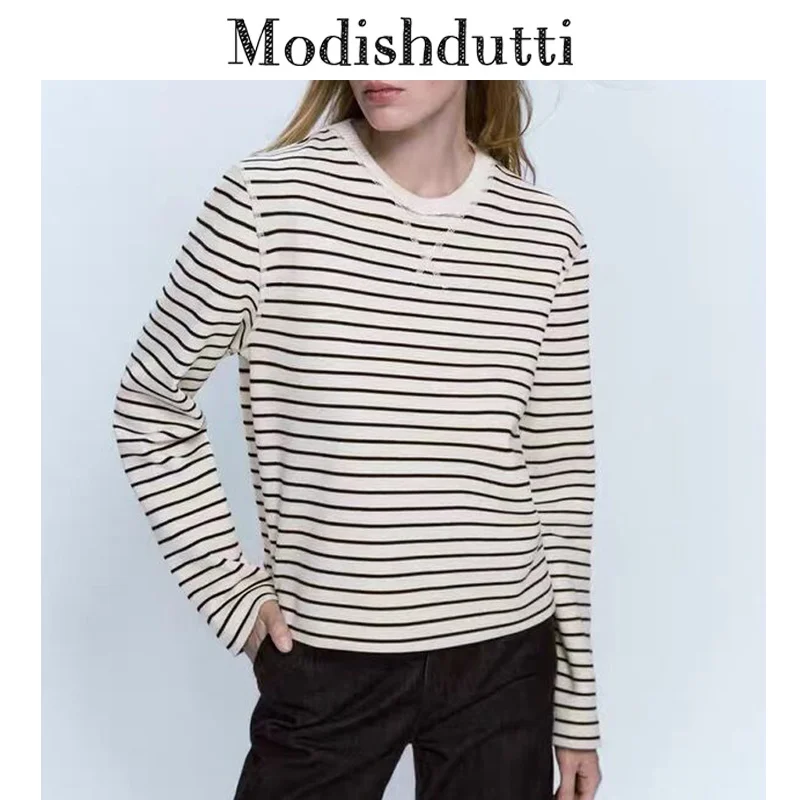 

Modishdutti High Quality 2023 Women Spring Autumn Fashion Striped Long Sleeve T-Shirt Casual O-Neck Pullovers Tops Female Tees