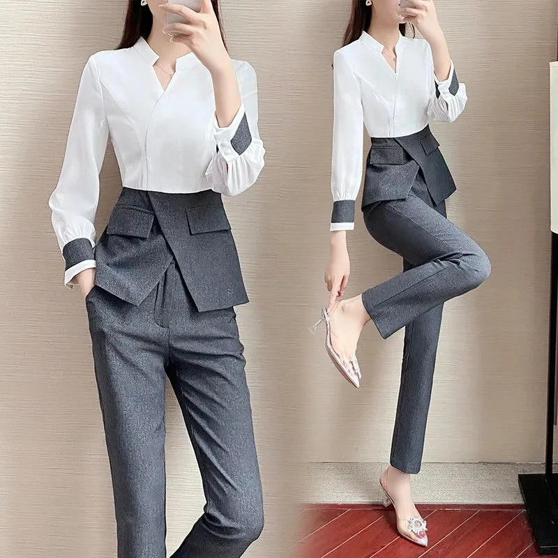 Elegant 2 Piece Set Women Outfit Fashion Spliced Blouse And Elastic Waist Straight Pant Suit Office Lady Profession Suit 3XL 601
Elegant 2 Piece Set Women Outfit Fashion Spliced Blouse And Elastic Waist Straight Pant Suit Office Lady Profession Suit 3XL 601