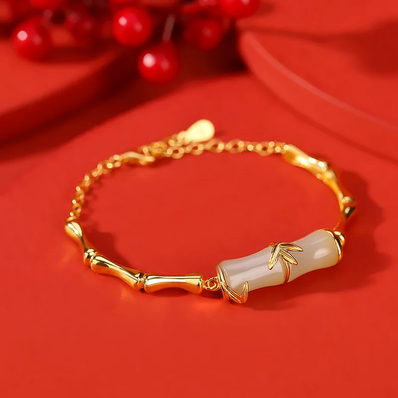 

Yilu Silver S925 Sterling Gold Plated Hotan Jade Chinese Simple Bamboo Knot Leaf Personalized Bracelet High rise