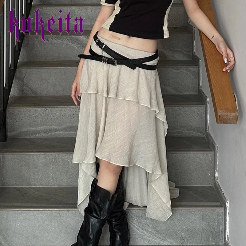 

Kukeita Asymmetric Women Ruffles Long Tail Skirts Low Waist Midi Pleated Skirt Y2K Aesthetic Holiday Grunge Fairycore Streetwear