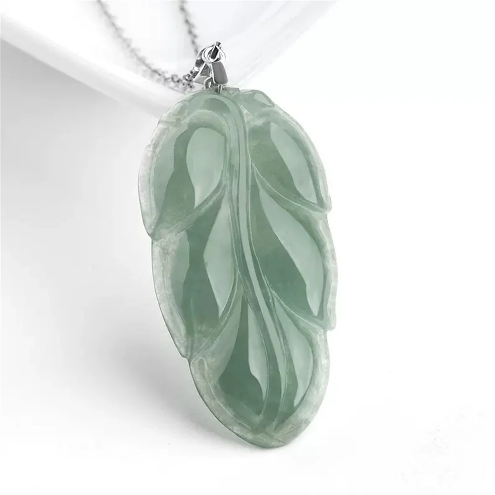

925 Siver Natural Ice Green Jadeite Carved Tree Leaf Lucky Pendant S925 Amulet Necklace Certificate Luxury Jade Vintage Jewelry