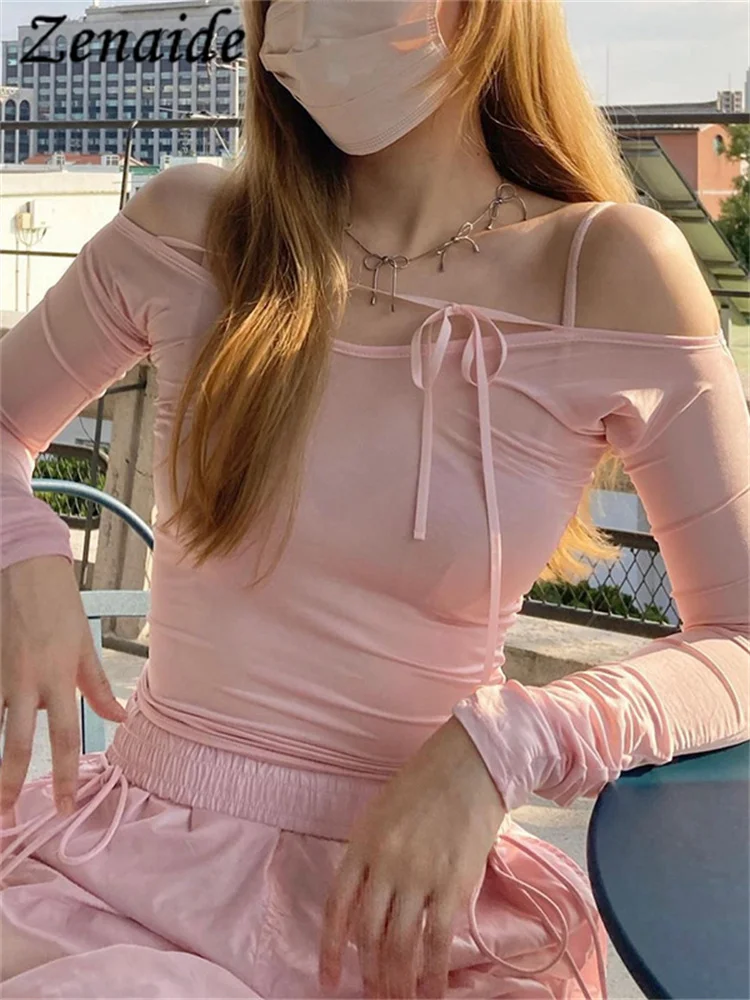 Zenaide Slash Shoulder Tie Up Long Sleeve T Shirt Slim Y2K Sexy Solid Women Summer Crop Top 2023 Fashion Tees 
Zenaide Slash Shoulder Tie Up Long Sleeve T Shirt Slim Y2K Sexy Solid Women Summer Crop Top 2023 Fashion Tees