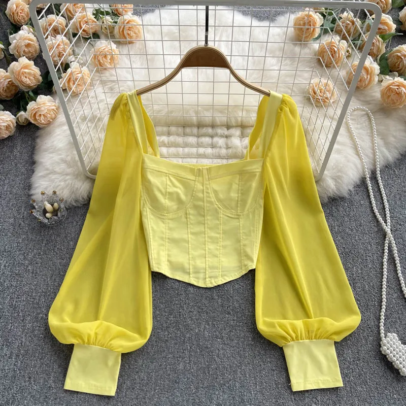 Temperament top women's autumn 2022 new square neck collar slim fit short stitched Chiffon puff sleeve shirt blusas feminina
Temperament top women's autumn 2022 new square neck collar slim fit short stitched Chiffon puff sleeve shirt blusas feminina