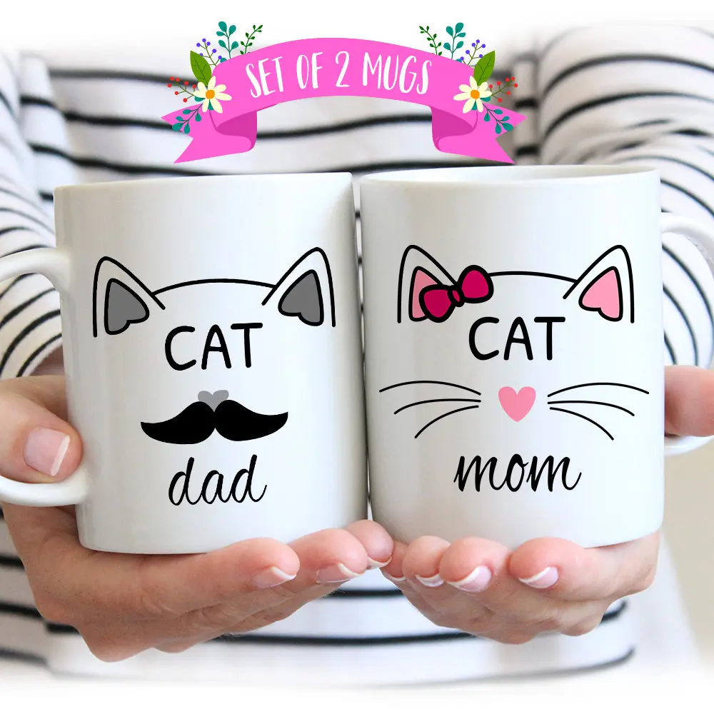 

Cat Mom Cat Dad (2 Mug Set) Cat Lover Mug Husband Wife Couples White Mug Coffee Mugs Tea art make your own Message Mugs Cup