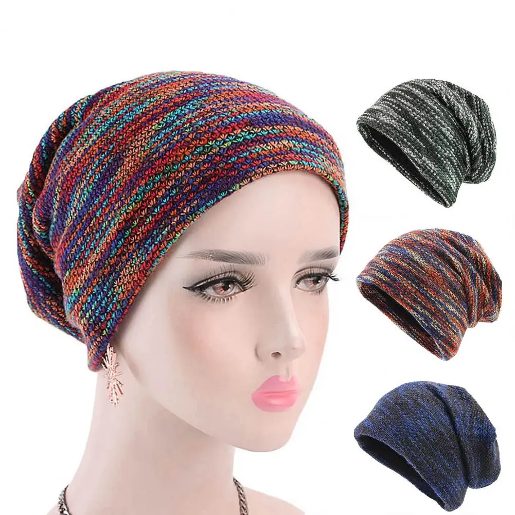 

Beanie Hat Brimless Thickened Fleece Lining Knitted Hat Unisex Winter Colorful Striped Riding Knitted Beanie Hat
