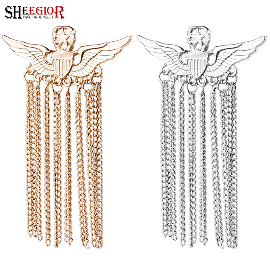 

Vintage British Academy style Shield Angel Wings Brooch Pins Men Badge Long Tassels Star Brooches Women Accessories Fashion Gift