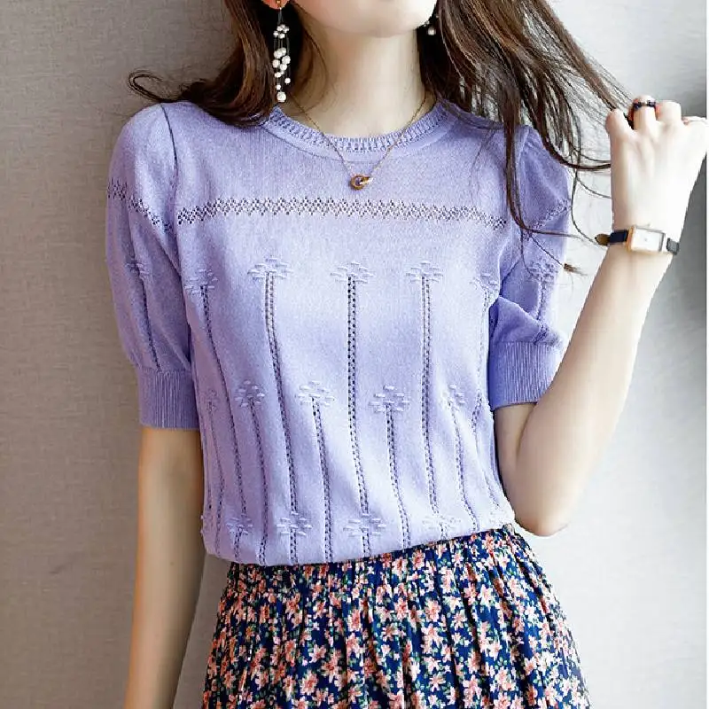 O Neck Hollow Out Elegant Blouses Ice Silk Cool Summer Solid Purple Thin Sweater Women Pullover Half Sleeve Office Ladies Tops
O Neck Hollow Out Elegant Blouses Ice Silk Cool Summer Solid Purple Thin Sweater Women Pullover Half Sleeve Office Ladies Tops