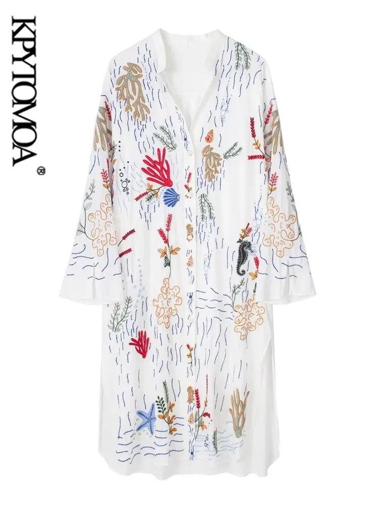 

KPYTOMOA Женская модная Асимметричная Длинная блузка с контрастной вышивкой винтажные женские рубашки с боковыми разрезами на пуговицах шикарная одежда