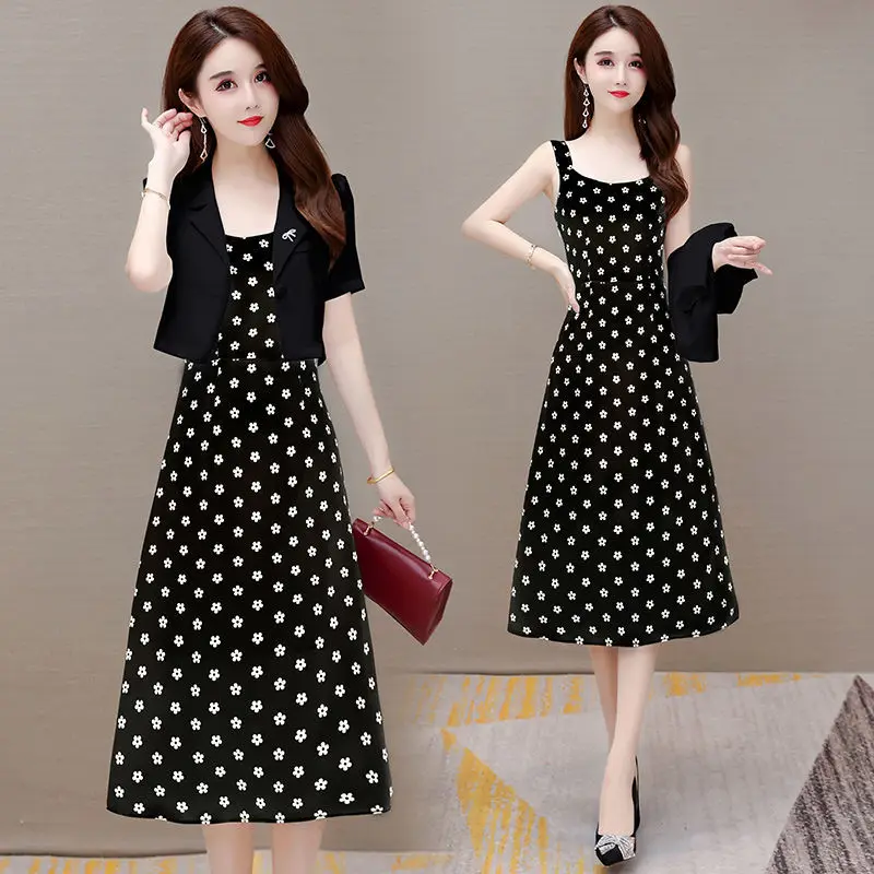 

2 Piece Dress Set Women Casual Elegant Vintage Black Midi Dresses Korean Clothes Y2k Crop Top Short Blouse + Dress Summer Q41