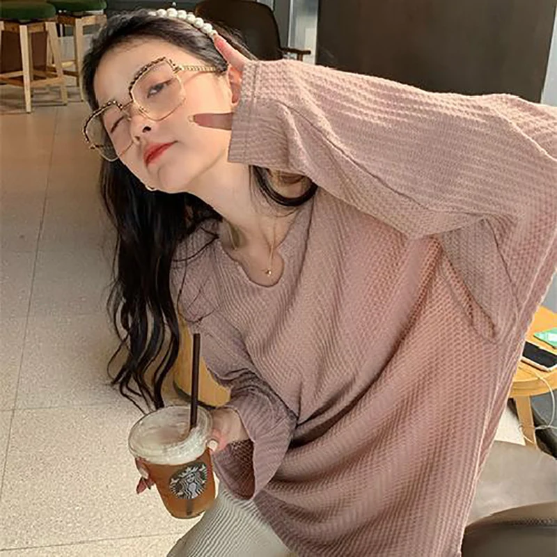 Summer Waffle Plaid Print Long Sleeve Women V Neck T Shirts Korean Fashion Loose Casual Solid Color Student Lazy Wind Oversized
Summer Waffle Plaid Print Long Sleeve Women V Neck T Shirts Korean Fashion Loose Casual Solid Color Student Lazy Wind Oversized