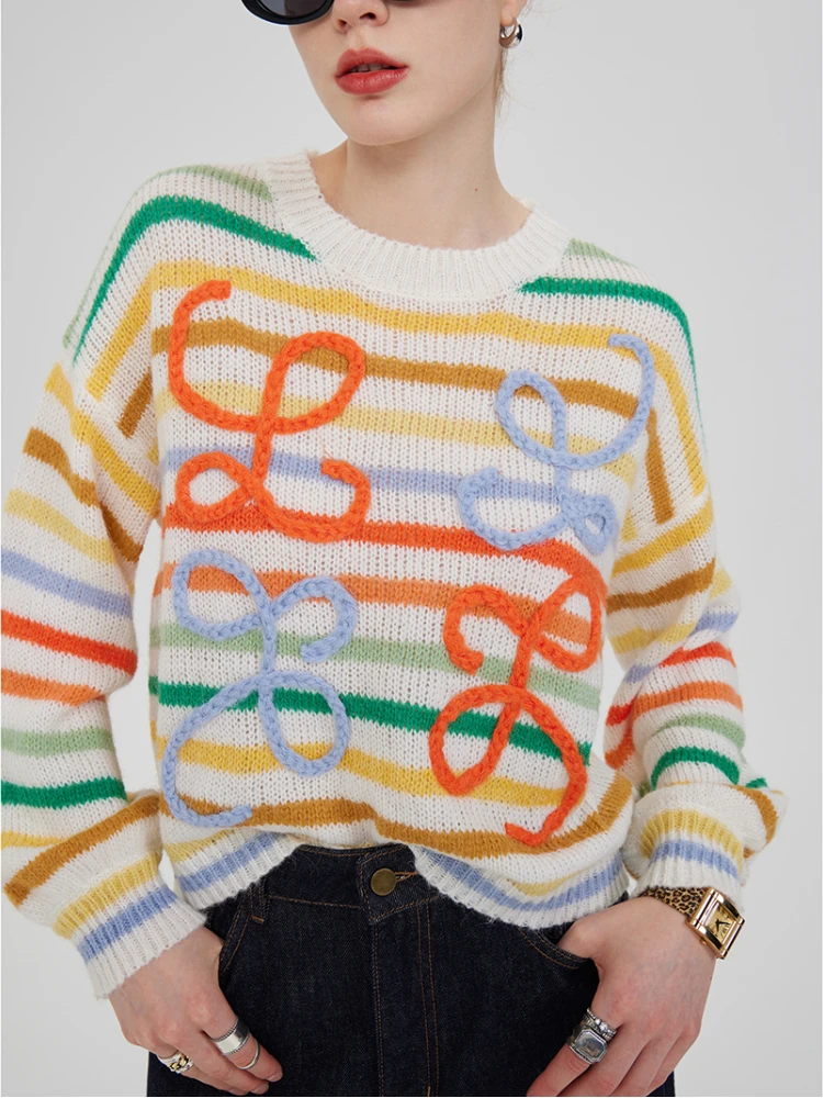 2022 Autumn/Winter New Rainbow Stripes Clash Color O-Neck Knitted Pullovers Casual Fashion Women Sweater Loose Vintage Tops
2022 Autumn/Winter New Rainbow Stripes Clash Color O-Neck Knitted Pullovers Casual Fashion Women Sweater Loose Vintage Tops