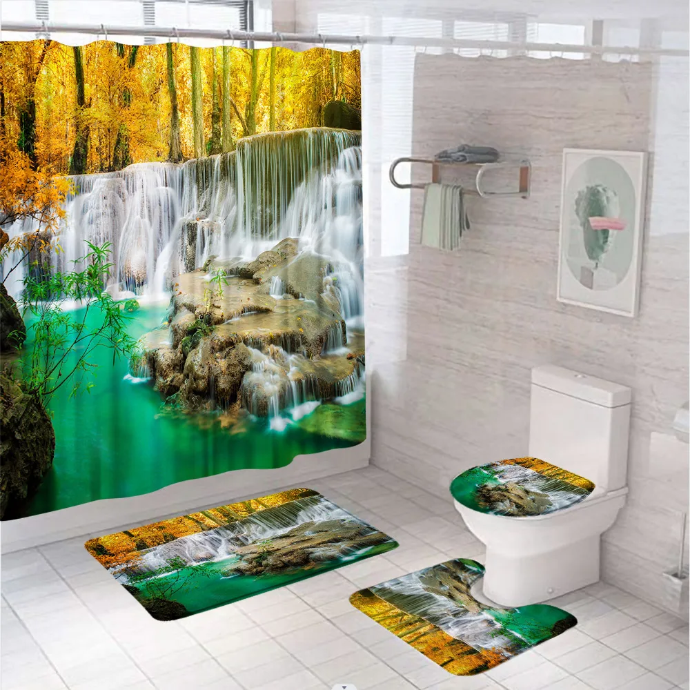 

Landscape Forest Waterfall Shower Curtain Set Natural Scenery Lake Autumn Leaf Bathtub Decor Fabric Non-Slip Bath Mat Toilet Rug