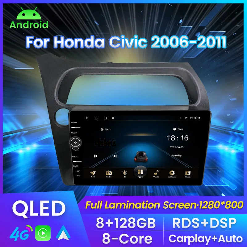 Автомагнитола MLEVOLIN мультимедийный плеер для Honda Civic 2006-2011 GPS-навигация QLED android 11