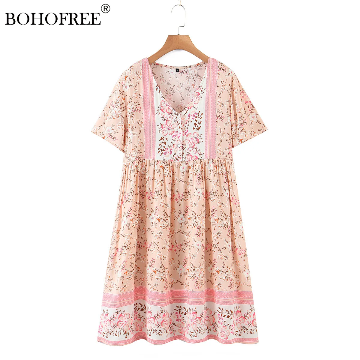 

Bohemian Resort Style Rayon Cotton Printed Short-sleeved V-neck Dress Woman Casual Loose Button Short Vestidos Female Tunic Dres