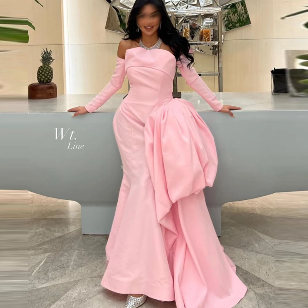 

Carolina Strapless Evening Dresses Mermaid Saudi Arabia Women Long Sleeves Pink Satin Wedding Guest Elegant Formal Party Gowns