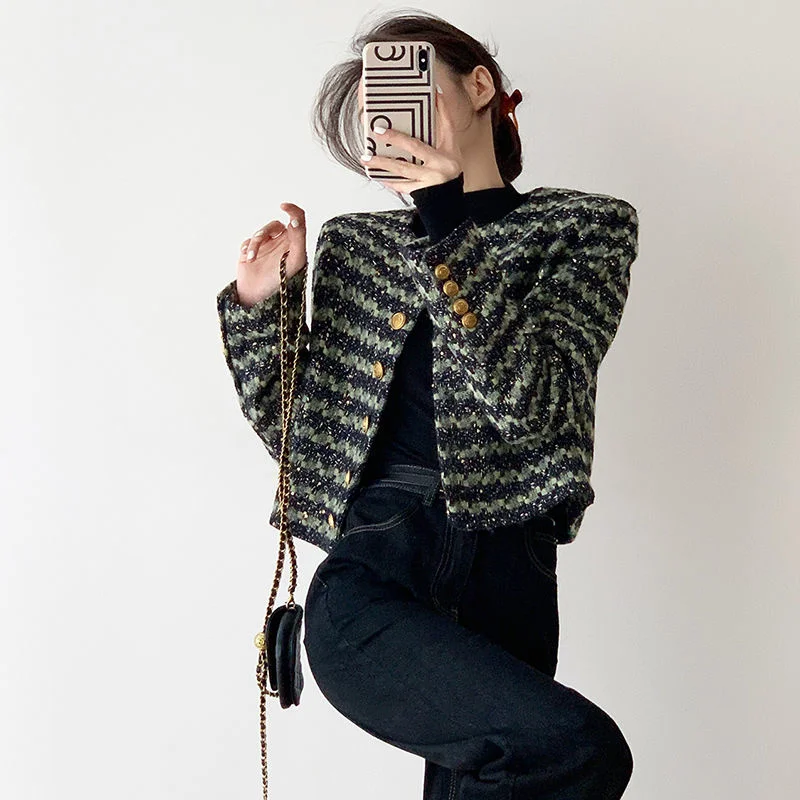 Женское твидовое пальто в зеленую полоску, маленькое пальто в стиле ретро, Осень-зима 2023 
Женское твидовое пальто в зеленую полоску, маленькое пальто в стиле ретро, Осень-зима 2023