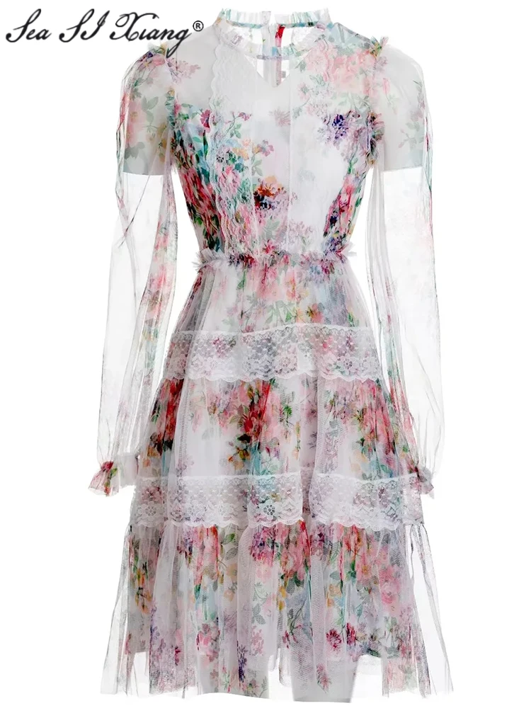 Seasixiang Fashion Designer Summer Mesh Dress Women O-Neck Long Sleeves Ruffles Lace Patchwork Flower Print Vacation Dresses
Seasixiang Fashion Designer Summer Mesh Dress Women O-Neck Long Sleeves Ruffles Lace Patchwork Flower Print Vacation Dresses