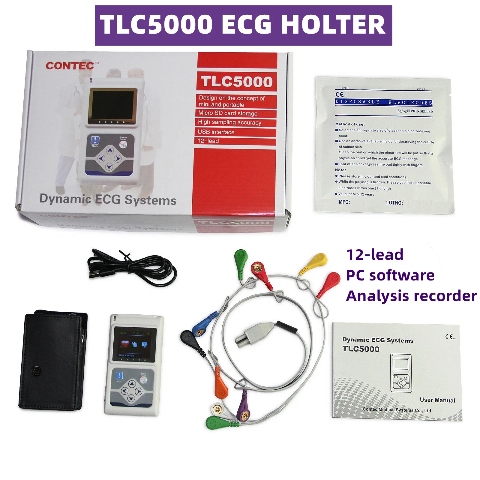 

CONTEC 12 Channel ECG Holter ECG 24 Hours Holter EKG Monitor Analysis recorder Software TLC5000