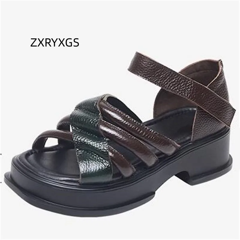 

ZXRYXGS 2023 Spell Color Premium Genuine Leather Sandals Summer Comfortable Versatile Sandals Fashion Shoes Thick Soled Increase