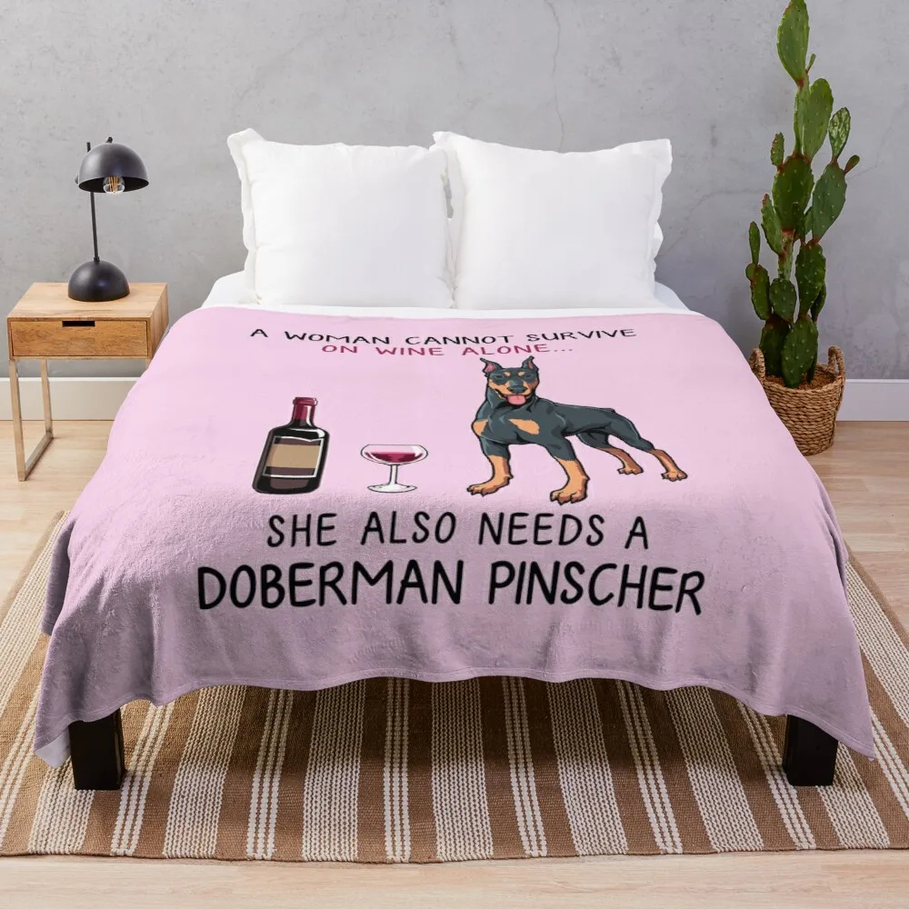 

Doberman Pinscher and wine Funny dog Throw Blanket Retro Blankets Fuzzy Blanket Double-Sided Blanket