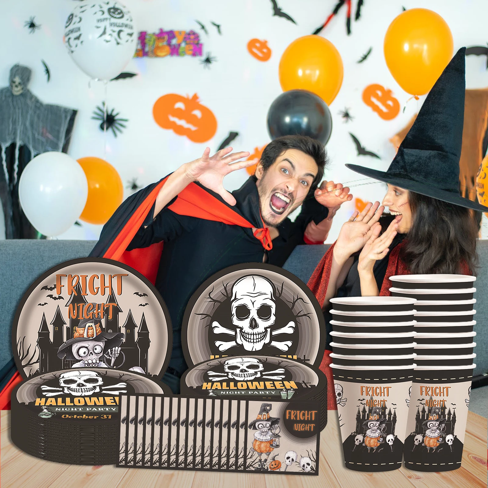 Halloween Disposable Tableware Plates Cups Napkins Set Scary Skull Dinnerware for Happy Halloween Spooky Themed Party
Halloween Disposable Tableware Plates Cups Napkins Set Scary Skull Dinnerware for Happy Halloween Spooky Themed Party