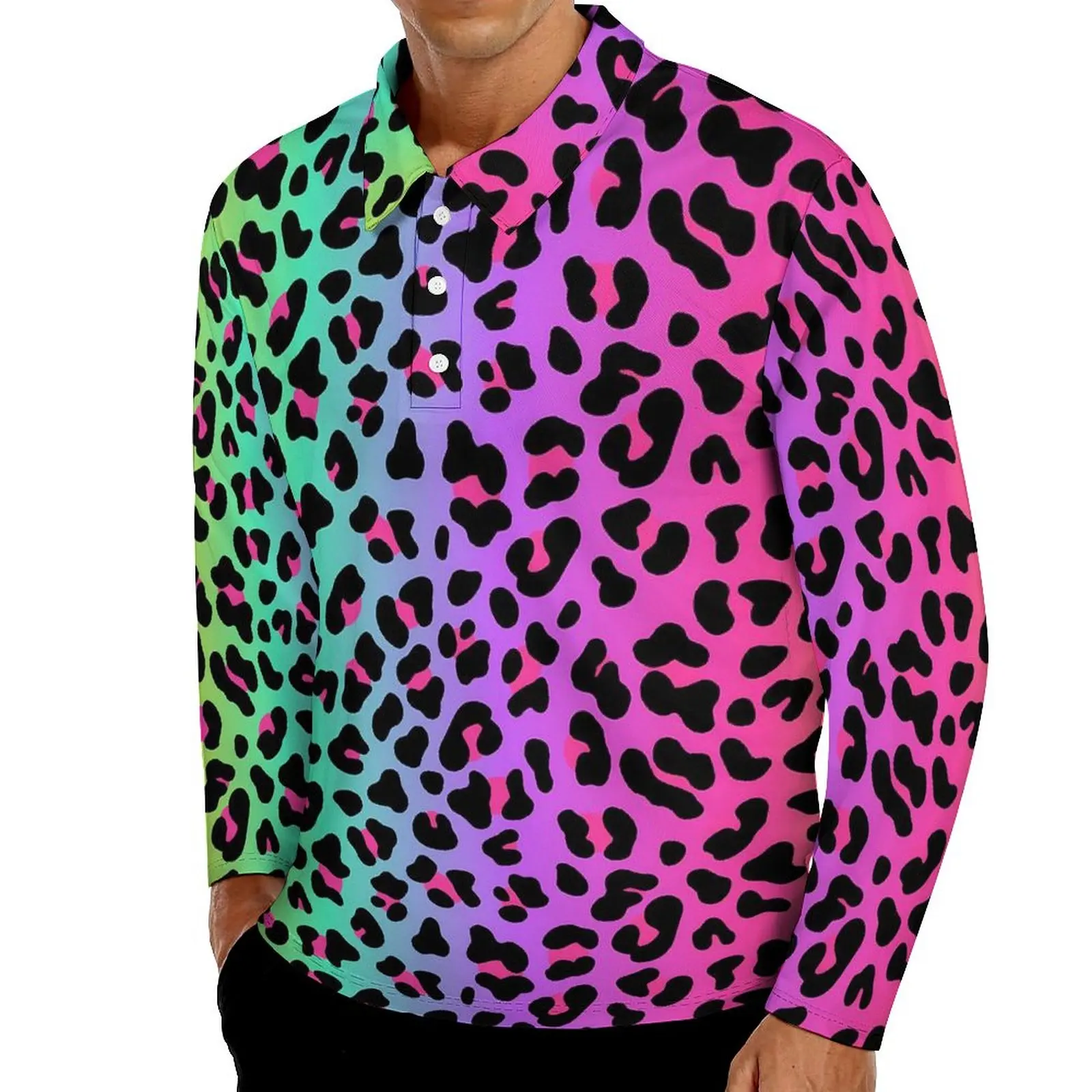 

Rainbow Leopard Polo Shirt Man Cheetah Neon Print Casual Shirt Daily Y2K Turn-Down Collar Long Sleeve Design Oversized T-Shirts