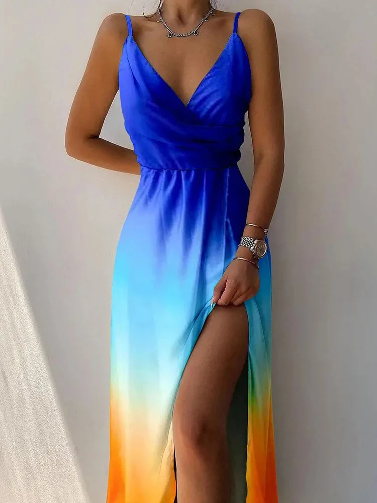 Women Elegant Gradient Pattern Print Party Dress Summer Sexy V-Neck High Slit Maxi Dress Ladies Fashion Sleeveless Bodycon Dress
Women Elegant Gradient Pattern Print Party Dress Summer Sexy V-Neck High Slit Maxi Dress Ladies Fashion Sleeveless Bodycon Dress